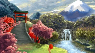 японский пейзаж в весенних горах и цветущий сакура иллюстрирует  генеративный ай Иллюстрация штока - иллюстрации насчитывающей сад, японско:  270890637