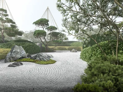 Японский сад с фонарями и озером» — создано в Шедевруме