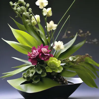 Икебана: искусство создавать композиции из цветов и листьев в плоской вазе»  — создано в Шедевруме