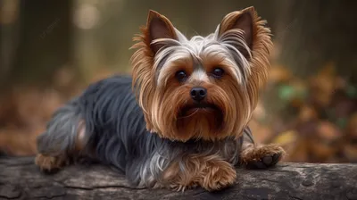 Собака йоркширского терьера отдыхает на бревне в лесу, йорки картинки,  йорк, животное фон картинки и Фото для бесплатной загрузки