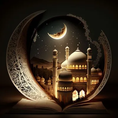 Illustration With Mosque And Koran. They Are Illuminated With Blue Neon  Light. Muslim Mosque As A Symbol Of Islam. Study Of Islamic Religion  Through Koran. Study Of Holy Islamic Quran. Фотография, картинки,