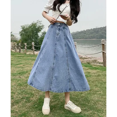 Купить Женские длинные юбки с высокой талией в корейском стиле, женские  джинсы, лето 2023, тонкая джинсовая длинная юбка трапециевидной формы,  универсальные юбки-миди | Joom