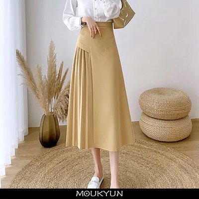 Купить MOUKYUN винтажная элегантная юбка трапециевидной формы женские  весенние офисные длинные юбки с высокой талией корейская мода желтые  плиссированные женские Faldas | Joom