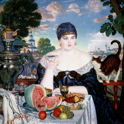 Buy digital version: Merchant's wife at tea by Boris Kustodiev, Saint  Petersburg | Arthive