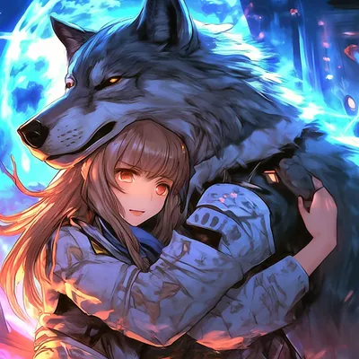 Девушка волчица обнимает волка аниме…» — создано в Шедевруме