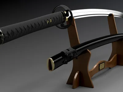 Обои на рабочий стол Боевой японский меч катана на подставке в музее, обои  для рабочего стола, скачать обои, обои бесплатно