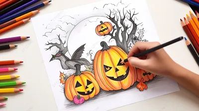 Хэллоуин тыквы ручной рисунок каракули стиль эскиза набор с различными  выражениями лица | Премиум векторы