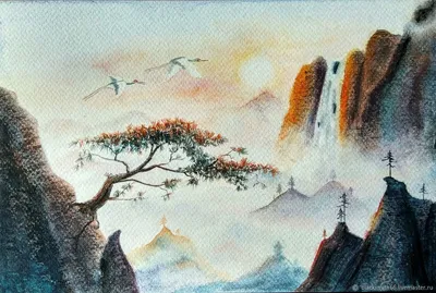 Нежная картина акварелью Сюжет с журавлями. Китайский пейзаж – заказать на  Ярмарке Мастеров – KI2TABY | Картины, Орел