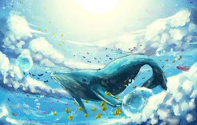 Обои на рабочий стол Синий кит парит в небе с облаками среди рыб и медуз,  by Krinmu, обои для рабочего стола, скачать обои, обои бесплатно