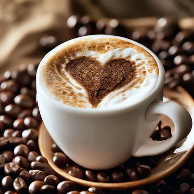 Чашка кофе с сердечком в пенке, …» — создано в Шедевруме
