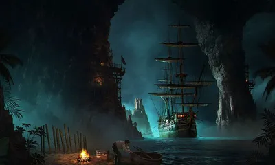 Обои на рабочий стол Пиратский корабль причалил к берегу острова, обои для  рабочего стола, скачать обои, обои бесплатно