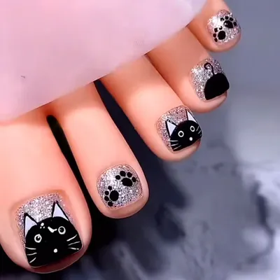 Ногти для дизайна ногтей с милым рисунком кошки ручной работы Серебряный  Блестящий Порошок пальцы ногтей накладные ногти с клеем короткие плоские  Готовые накладные ногти | AliExpress