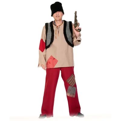 Взрослый костюм \"Разбойник\": рубашка, штаны, жиле, пояс, папаха, мушкет  (Россия) купить в Уфе