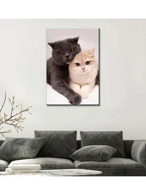 ЭкоХолст Картина Кот и кошка семья любовь 2 котенка сердце