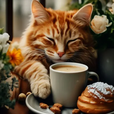 Котенок, чашка кофе или черного чая, книга и надпись \"Доброе утро\". Фон  доска. Котенок маленький. Кофе вкусный. Книга зеленая. Котенок заглядывает  в чашку с напитком 素材庫相片 | Adobe Stock