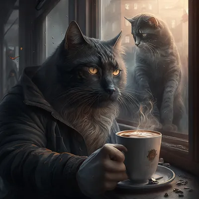 Кот с чашкой кофе, созданное изображение ai | Премиум Фото
