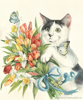 Фотография кошка белый кот у вазы с цветами Животные