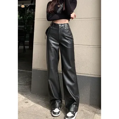 Черные винтажные прямые женские кожаные брюки с высокой талией 2023,  американская мода, уличная одежда, брюки 2023, повседневные широкие брюки |  AliExpress