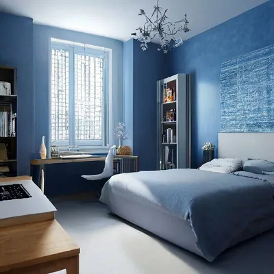Красивая комната с синими обоями …» — создано в Шедевруме