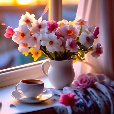Букет цветов и кофе - 71 фото