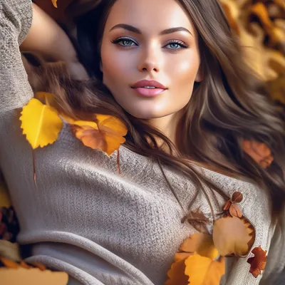 Красивая девушка сидит на осенних листьях в джинсах. Пушистые красивые  волосы, улыбка. Хорошее настроение. Мечта Stock Photo | Adobe Stock