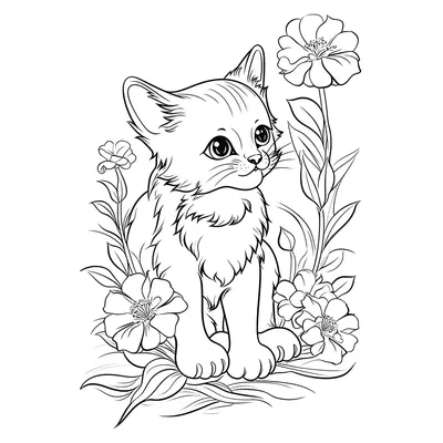 Раскраска Красивая кошка и цветы распечатать или скачать