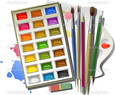 Разноцветные краски с кисточкой лежат на деревянном фоне Stock Photo |  Adobe Stock