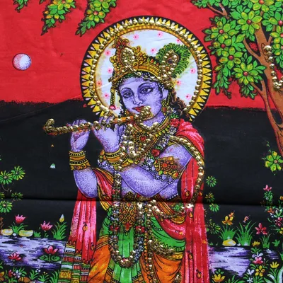 Иллюстрация Кришна играет на флейте в стиле графика, декоративный,