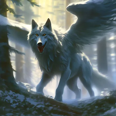 Смесь волк+дракон крылья защищается …» — создано в Шедевруме
