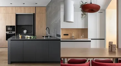 Встроенная прямая кухня в стиле минимализм с матовыми и древесными фасадами
