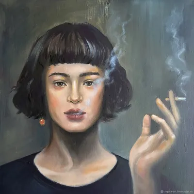 Красивая грустная девушка курит сигарету на сером фоне Stock Photo | Adobe  Stock