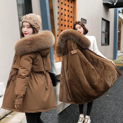 Купить Женская зимняя куртка с капюшоном, толстые парки с подкладкой из  искусственного меха, женское съемное пальто больших размеров | Joom