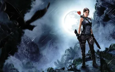 Обои на рабочий стол Лара Крофт / Lara Croft стоит на обрыве в непогоду на  фоне большой луны (кадр из игры Shadow of the Tomb Raider / Тень  расхитительницы гробниц), обои для