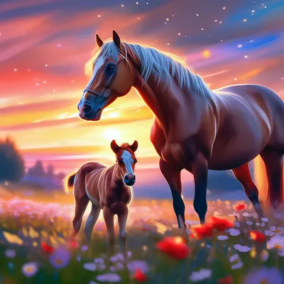 Лошадь с жеребенком,размытый закат,…» — создано в Шедевруме