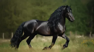 черная лошадь с длинными волосами бежит по траве, картинка фризской лошади,  фризский, животное фон картинки и Фото для бесплатной загрузки