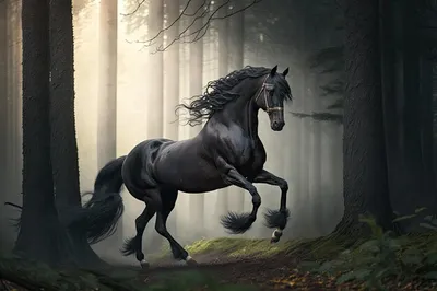 Красивый боевик фризской лошади в лесу | Премиум Фото
