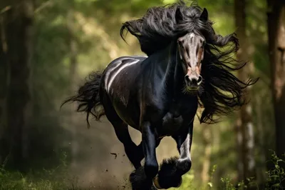 Потрясающий портрет фризской лошади в лесу | Премиум Фото
