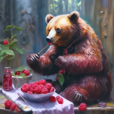 Акриловые краски рисунок, медведь ест…» — создано в Шедевруме