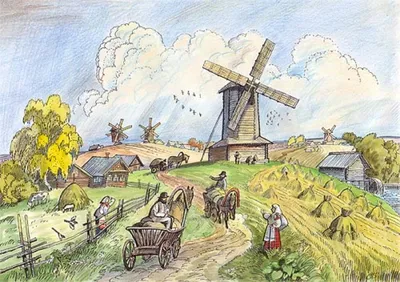 Ветряная мельница на рассвете поля красивом на иллюстрации искусства пейзаж  лета сельской местности цифровой окрашенной с Стоковое Изображение -  изображение насчитывающей зеленый, лужок: 212385901
