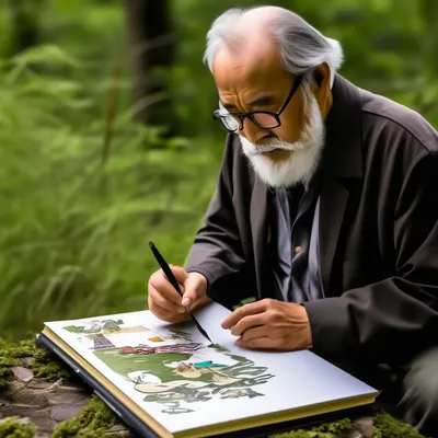 Хаяо Миядзаки рисует в блокноте на…» — создано в Шедевруме