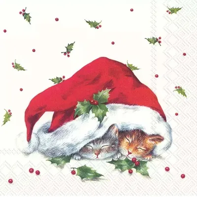 Салфетка для декупажа \"Миленькие рождественские котята\" бумажная, 33х33 см