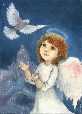 Открытка на День Ангела - милый ангелочек среди цветов и голубей