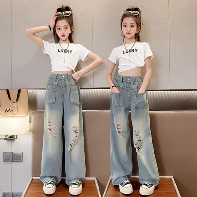 Джинсы для девочек весна-осень модные джинсы с широкими штанинами 2023  одежда в Корейском стиле для девочек-подростков Детская уличная одежда |  AliExpress
