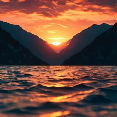 Море, закат, горы, солнце садится …» — создано в Шедевруме