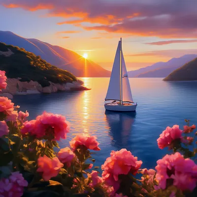 Море закат яхта горы цветы реальное…» — создано в Шедевруме