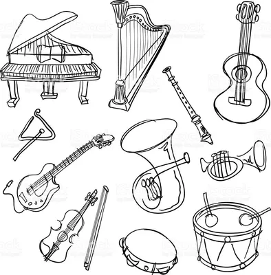 11 sketch drawing of Musical Instrument . It includes Piano, trumpet,... |  Тетрадь по музыке, Рисунок, Графика