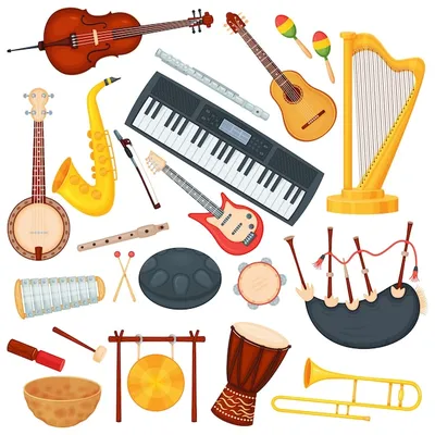 Мультяшные музыкальные инструменты, элементы классической оркестровой  музыки. саксофон, тромбон, арфа, бонго, барабан, акустическая гитара,  джазовый инструмент, векторный набор | Премиум векторы