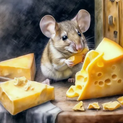 Сыроварня, мышка ест сыр, рисунок …» — создано в Шедевруме
