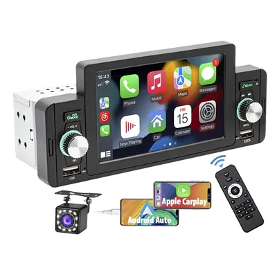 Amazon.com: 5 Inch Single Din Car Stereo Built-in Apple CarPlay/Android  Auto/Mirror-Link, Touchscreen Radio Receiver with Bluetooth 5.1 Handsfree  and 12LED HD Backup Camera, FM USB Audio Video Player : Electronics