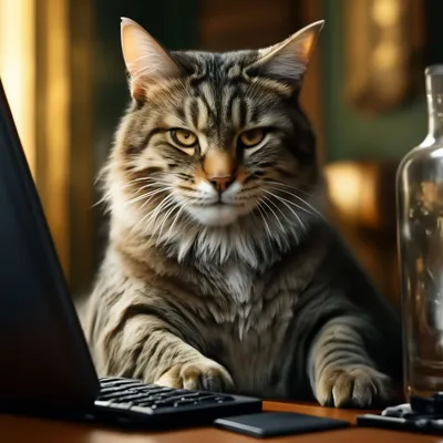 Хитрый кот на аву за компьютером» — создано в Шедевруме